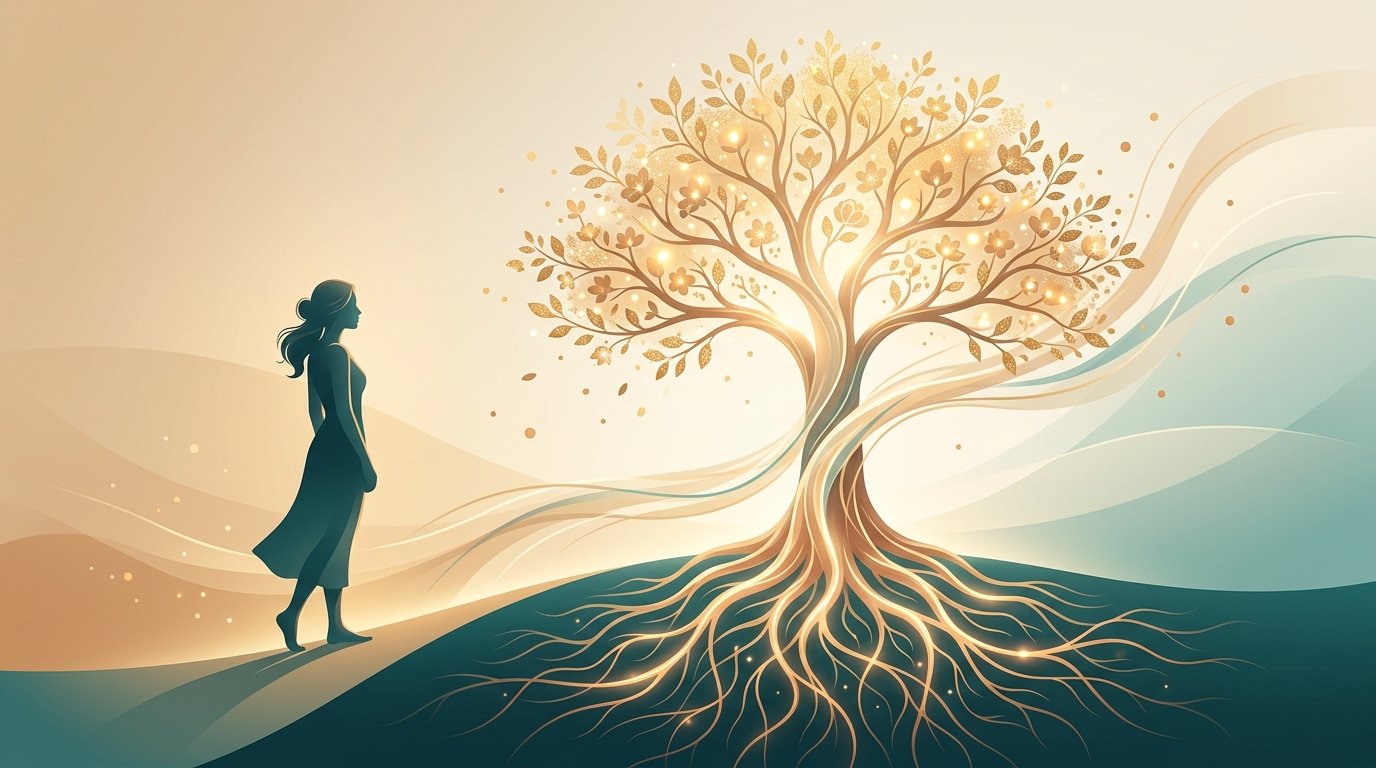 Ilustração acolhedora de raízes sistêmicas florescendo com luz e fluidez